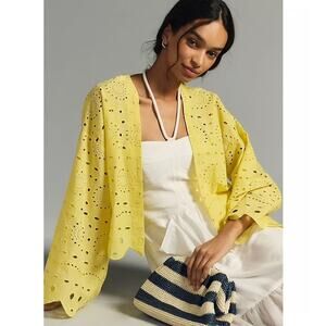 Maeve Cropped Eyelet Kimono One Size Yellow Cardigan Duster Top Anthropologie
